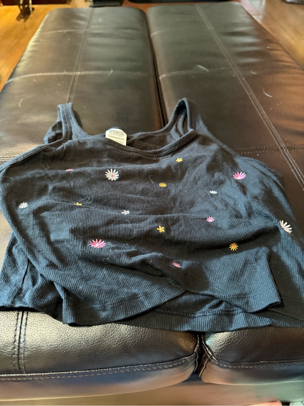 Victoria's Secret Black Ribbed Tank with Pink & White Daisy Embroidery